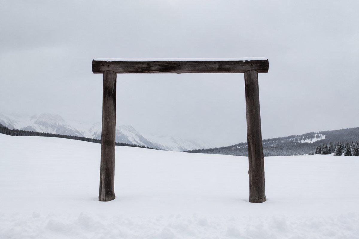Verweerde houten poort zonder muren, alleen in een sneeuwveld, met bergen op de achtergrond