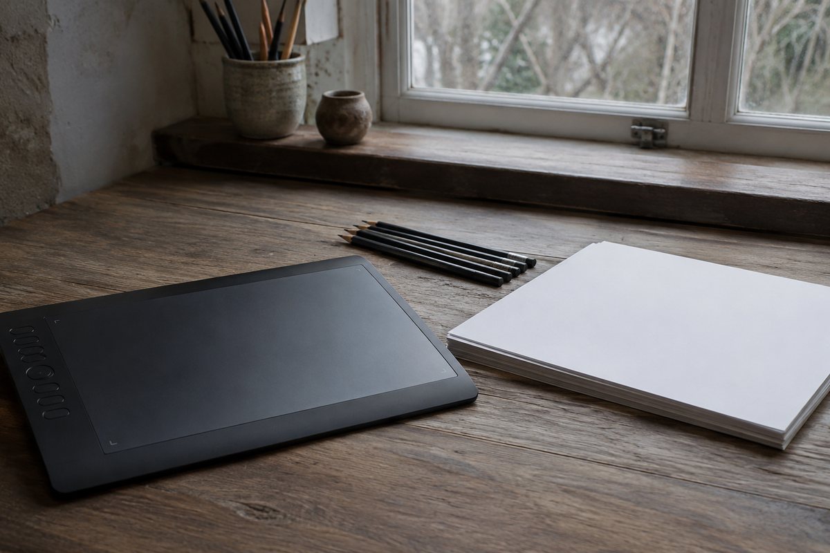 Houten werktafel met een tekentablet, een handvol potloden en een stapel blanco papier bij een raam